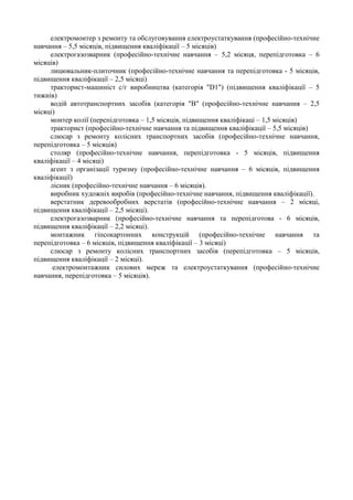 електромонтер з ремонту та обслуговування електроустаткування (професійно-технічне
навчання – 5,5 місяців, підвищення кваліфікації – 5 місяців)
електрогазозварник (професійно-технічне навчання – 5,2 місяця, перепідготовка – 6
місяців)
лицювальник-плиточник (професійно-технічне навчання та перепідготовка - 5 місяців,
підвищення кваліфікації – 2,5 місяці)
тракторист-машиніст с/г виробництва (категорія "D1") (підвищення кваліфікації – 5
тижнів)
водій автотранспортних засобів (категорія "В" (професійно-технічне навчання – 2,5
місяці)
монтер колії (перепідготовка – 1,5 місяців, підвищення кваліфікаці – 1,5 місяців)
тракторист (професійно-технічне навчання та підвищення кваліфікації – 5,5 місяців)
слюсар з ремонту колісних транспортних засобів (професійно-технічне навчання,
перепідготовка – 5 місяців)
столяр (професійно-технічне навчання, перепідготовка - 5 місяців, підвищення
кваліфікації – 4 місяці)
агент з організації туризму (професійно-технічне навчання – 6 місяців, підвищення
кваліфікації)
лісник (професійно-технічне навчання – 6 місяців).
виробник художніх виробів (професійно-технічне навчання, підвищення кваліфікації).
верстатник деревообробних верстатів (професійно-технічне навчання – 2 місяці,
підвищення кваліфікації – 2,5 місяці).
електрогазозварник (професійно-технічне навчання та перепідготова - 6 місяців,
підвищення кваліфікації – 2,2 місяці).
монтажник гіпсокартонних конструкцій (професійно-технічне навчання та
перепідготовка – 6 місяців, підвищення кваліфікації – 3 місяці)
слюсар з ремонту колісних транспортних засобів (перепідготовка – 5 місяців,
підвищення кваліфікації – 2 місяці).
електромонтажник силових мереж та електроустаткування (професійно-технічне
навчання, перепідготовка – 5 місяців).
 