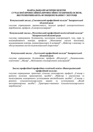 НАВЧАЛЬНО-ПРАКТИЧНІ ЦЕНТРИ
СУЧАСНОЇ ПРОФЕСІЙНОЇ (ПРОФЕСІЙНО-ТЕХНІЧНОЇ) ОСВІТИ,
ЯКІ РОЗПОЧИНАЮТЬ ФУНКЦІОНУВАННЯ У 2025 РОЦІ
Комунальний заклад „Свалявський професійний коледжˮ Закарпатської
обласної ради
галузеве спрямування: промисловість, загальні професії електротехнічного
виробництва, професія „Електрогазозварникˮ
Комунальний заклад „Мукачівський професійний політехнічний коледжˮ
Закарпатської обласної ради
галузеве спрямування: будівництво, постачання електроенергії, газу, пари та
кондиційованого повітря; професія „Монтажник систем вентиляції,
кондиціювання повітря, пневмотранспорту й аспіраціїˮ, „Майстер з монтажу та
обслуговування систем відновлювальної енергетикиˮ.
Комунальний заклад „Хустський професійний коледжˮ Закарпатської
обласної ради
галузеве спрямування: будівництво; професія „Штукатурˮ; „Лицювальник-
плиточникˮ, „Малярˮ, „Монтажник гіпсокартонних конструкційˮ.
Заклад професійної (професійно-технічної) освіти «Виноградівський
професійний коледж»
галузеве спрямування: транспорт, сільське господарство; професії: „Слюсар з
ремонту колісних транспортних засобівˮ; „Майстер з діагностики та
налагодження електронного устаткування автомобільних засобівˮ; „Слюсар з
ремонту сільськогосподар-ських машин та устаткування; „Водій
автотранспортних засобівˮ; „Тракторист-машиніст сільськогосподар-ського
виробництваˮ.
 