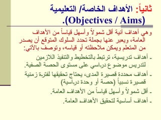 :ً
‫ا‬‫ثاني‬
‫التعليمية‬ /‫الخاصة‬ ‫األهداف‬
(
Objectives / Aims
.)
‫األهداف‬ ‫من‬ ً‫ا‬‫قياس‬ ‫وأسهل‬ ً
‫ال‬‫شمو‬ ‫أقل‬ ‫آنية‬ ‫أهداف‬ ‫وهي‬
‫يصدر‬ ‫أن‬ ‫المتوقع‬ ‫السلوك‬ ‫تحدد‬ ‫بجملة‬ ‫عنها‬ ‫ويعبر‬ ،‫العامة‬
:‫باآلتي‬ ‫وتوصف‬ ،‫قياسه‬ ‫أو‬ ‫مالحظته‬ ‫ويمكن‬ ‫المتعلم‬ ‫من‬
‫الالزمين‬ ‫والتنفيذ‬ ‫بالتخطيط‬ ‫ترتبط‬ ،‫تدريسية‬ ‫أهداف‬ ‫ـ‬
.‫الصفية‬ ‫الحصة‬ ‫مستوى‬ ‫على‬ ‫اسي‬U
‫ر‬‫د‬ ‫موضوع‬ ‫لتدريس‬
‫زمنية‬ ‫ة‬U
‫ر‬‫لفت‬ ‫تحقيقها‬ ‫يحتاج‬ ،‫المدى‬ ‫قصيرة‬ ‫محددة‬ ‫أهداف‬ ‫ـ‬
)‫اسية‬U
‫ر‬‫د‬ ‫وحدة‬ ‫أو‬ ‫(حصة‬ ً‫ا‬‫نسبي‬ ‫قصيرة‬
.‫العامة‬ U
‫ف‬‫األهدا‬ ‫من‬ ً‫ا‬‫قياس‬ ‫وأسهل‬ ً
‫ال‬‫شمو‬ ‫أقل‬ ‫ـ‬
.‫العامة‬ U
‫ف‬‫األهدا‬ ‫لتحقيق‬ ‫أساسية‬ ‫أهداف‬ ‫ـ‬
 