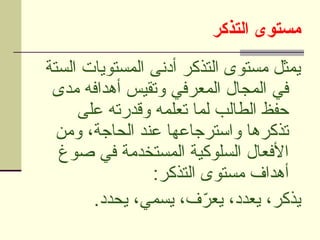 ‫التذكر‬ ‫مستوى‬
‫الستة‬ ‫المستويات‬ ‫أدنى‬ ‫التذكر‬ ‫مستوى‬ ‫يمثل‬
‫مدى‬ ‫أهدافه‬ ‫وتقيس‬ ‫المعرفي‬ ‫المجال‬ ‫في‬
‫على‬ ‫وقدرته‬ ‫تعلمه‬ ‫لما‬ ‫الطالب‬ ‫حفظ‬
‫ومن‬ ،‫الحاجة‬ ‫عند‬ ‫واسترجاعها‬ ‫تذكرها‬
‫صوغ‬ ‫في‬ ‫المستخدمة‬ ‫السلوكية‬ ‫األفعال‬
:‫التذكر‬ ‫مستوى‬ ‫أهداف‬
.‫يحدد‬ ،‫يسمي‬ ،‫ف‬ّ
‫يعر‬ ،‫يعدد‬ ،‫يذكر‬
 