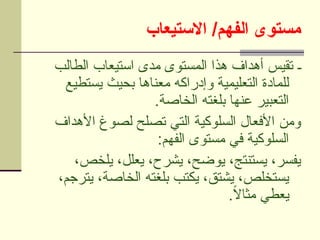 ‫االستيعاب‬ /‫الفهم‬ ‫مستوى‬
‫الطالب‬ ‫استيعاب‬ ‫مدى‬ ‫المستوى‬ ‫هذا‬ ‫أهداف‬ ‫تقيس‬ ‫ـ‬
‫يستطيع‬ ‫بحيث‬ ‫معناها‬ ‫وإدراكه‬ ‫التعليمية‬ ‫للمادة‬
.‫الخاصة‬ ‫بلغته‬ ‫عنها‬ ‫التعبير‬
‫األهداف‬ ‫لصوغ‬ ‫تصلح‬ ‫التي‬ ‫السلوكية‬ ‫األفعال‬ ‫ومن‬
:‫الفهم‬ ‫مستوى‬ ‫في‬ ‫السلوكية‬
،‫يلخص‬ ،‫يعلل‬ ،‫يشرح‬ ،‫يوضح‬ ،‫يستنتج‬ ،‫يفسر‬
،‫يترجم‬ ،‫الخاصة‬ ‫بلغته‬ ‫يكتب‬ ،‫يشتق‬ ،‫يستخلص‬
.ً
‫ال‬‫مثا‬ ‫يعطي‬
 