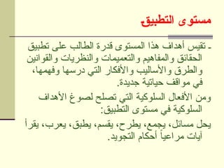 ]‫ق‬‫التطبي‬ ‫مستوى‬
‫تطبيق‬ ‫على‬ ‫الطالب‬ ‫قدرة‬ ‫المستوى‬ ‫هذا‬ ‫أهداف‬ ‫تقيس‬ ‫ـ‬
‫والقوانين‬ ‫والنظريات‬ ‫والتعميمات‬ ‫والمفاهيم‬ ‫الحقائق‬
،‫وفهمها‬ ‫درسها‬ ‫التي‬ ‫واألفكار‬ ‫واألساليب‬ ‫والطرق‬
.‫جديدة‬ ‫حياتية‬ ‫مواقف‬ ‫في‬
‫األهداف‬ ‫لصوغ‬ ‫تصلح‬ ‫التي‬ ‫السلوكية‬ ‫األفعال‬ ‫ومن‬
:‫التطبيق‬ ‫مستوى‬ ‫في‬ ‫السلوكية‬
‫يقرأ‬ ،‫يعرب‬ ،‫يطبق‬ ،‫يقسم‬ ،‫يطرح‬ ،‫يجمع‬ ،‫مسائل‬ ‫يحل‬
.‫التجويد‬ ‫أحكام‬ ً‫ا‬‫مراعي‬ ‫آيات‬
 