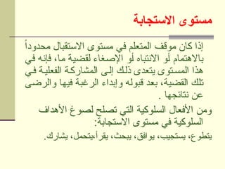 ‫االستجابة‬ ‫مستوى‬
ً‫ا‬‫محدود‬ ‫تقبال‬U‫س‬‫اال‬ ‫توى‬U‫س‬‫م‬ ‫ي‬U‫ف‬ ‫م‬U‫ل‬‫المتع‬ ‫ف‬U‫ق‬‫مو‬ ‫كان‬ ‫إذا‬
‫ي‬U‫ف‬ ‫ه‬U‫ن‬‫فإ‬ ،‫ا‬U‫م‬ ‫ة‬U‫ي‬‫لقض‬ ‫غاء‬U‫ص‬‫اإل‬ ‫و‬U‫أ‬ ‫االنتباه‬ ‫و‬U‫أ‬ ‫باالهتمام‬
‫ي‬U‫ف‬ ‫ة‬U‫الفعلي‬ ‫ة‬U‫المشارك‬ ‫ى‬U‫إل‬ ‫ك‬U‫ذل‬ ‫يتعدى‬ ‫توى‬U‫المس‬ ‫هذا‬
‫ى‬U‫ض‬‫والر‬ ‫ا‬U‫ه‬‫في‬ ‫ة‬U‫ب‬‫الرغ‬ ‫وإبداء‬ ‫ه‬U‫ل‬‫قبو‬ ‫د‬U‫ع‬‫ب‬ ،‫ة‬U‫ي‬‫القض‬ ‫ك‬U‫ل‬‫ت‬
. ‫نتائجها‬ ‫عن‬
‫األهداف‬ ‫لصوغ‬ ‫تصلح‬ ‫التي‬ ‫السلوكية‬ ‫األفعال‬ ‫ومن‬
:‫االستجابة‬ ‫مستوى‬ ‫في‬ ‫السلوكية‬
.‫يشارك‬ ،‫يتحمل‬،‫يقرأ‬ ،‫يبحث‬ ،‫يوافق‬ ،‫يستجيب‬ ،‫يتطوع‬
 