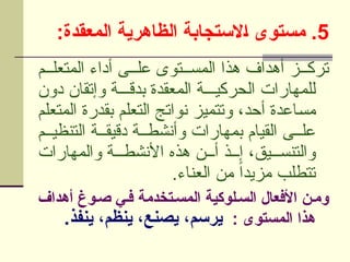 5
:‫المعقدة‬ ‫الظاهرية‬ ‫]الستجابة‬‫ا‬ ‫مستوى‬ .
‫م‬UU‫المتعل‬ ‫أداء‬ ‫ى‬UU‫عل‬ ‫توى‬UU‫المس‬ ‫هذا‬ ‫أهداف‬ ‫ز‬UU‫ترك‬
‫دون‬ ‫وإتقان‬ ‫ة‬UUU‫بدق‬ ‫المعقدة‬ ‫ة‬UUU‫الحركي‬ ‫للمهارات‬
‫المتعلم‬ ‫بقدرة‬ ‫التعلم‬ ‫نواتج‬ ‫وتتميز‬ ،‫أحد‬ ‫اعدة‬U
‫س‬‫م‬
‫م‬UU‫التنظي‬ ‫ة‬UU‫دقيق‬ ‫ة‬UU‫وأنشط‬ ‫بمهارات‬ ‫القيام‬ ‫ى‬UU‫عل‬
‫والمهارات‬ ‫ة‬UUU‫األنشط‬ ‫هذه‬ ‫ن‬UUU‫أ‬ ‫ذ‬UUU‫إ‬ ،‫يق‬UUU‫والتنس‬
.‫العناء‬ ‫من‬ ً‫ا‬‫مزيد‬ ‫تتطلب‬
‫أهداف‬ ‫ص]وغ‬ ‫ف]ي‬ ‫المس]تخدمة‬ ‫الس]لوكية‬ ‫األفعال‬ ‫وم]ن‬
: ‫المستوى‬ ‫هذا‬
.‫ينفذ‬ ،‫ينظم‬ ،‫يصنع‬ ،‫يرسم‬
 