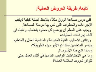 : /
‫العملية‬ ‫العروض‬ ‫طريقة‬ ‫تابعا‬
‫تيب‬U
‫ر‬‫ت‬ ‫كيفية‬ ‫الطلبة‬ ‫يالحظ‬ ،ً
‫ال‬‫مث‬ ‫الورق‬ ‫صناعة‬ ‫درس‬ ‫ففي‬
.‫الصناعة‬ ‫مرحلة‬ ‫بها‬ U
‫ر‬‫تم‬ ‫التي‬ ‫والخطوات‬ ‫اإلجراءات‬
‫في‬ ‫وانتباه‬ ،‫باهتمام‬ ‫خطوة‬ ‫كل‬ ‫يوضح‬ ‫أن‬ ‫المعلم‬ ‫على‬ ‫ويجب‬
،‫العمليات‬ ‫إجراءات‬ ‫أثناء‬
،‫وللمتعلم‬ ‫للعمل‬ ‫والمناسبة‬ ‫المتنوعة‬ ‫الفنية‬ ‫األساليب‬ ‫ويناقش‬
،‫الطريقة؟‬ ‫بهذه‬ ‫األمر‬ ‫تم‬ ‫لماذا‬ ‫للمتعلمين‬ ‫ويفسر‬
,‫األسلوب؟‬ ‫هذا‬ ‫اتبع‬ ‫ولماذا‬
‫حتى‬ ‫العمل‬ ‫أثناء‬ ‫في‬ ‫اتباعها‬ ‫الواجب‬ ‫االحتياطات‬ ‫هي‬ ‫وما‬
.‫العامة؟‬ ‫السالمة‬ ‫شروط‬ ‫تتوافر‬
 