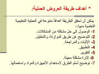 : *
‫العملية‬ ‫العروض‬ ‫طريقة‬ ‫أهداف‬
‫التعليمية‬ ‫العملية‬ ‫في‬ ‫متنوعة‬ ً‫ا‬‫أهداف‬ ‫الطريقة‬ ‫تحقق‬ ‫أن‬ ‫يمكن‬
-:‫منها‬ ‫التعلمية‬
1
-
.‫المشكالت‬ ‫من‬ ‫مشكلة‬ ‫حل‬ ‫إلى‬ ‫الوصول‬
2
-
.‫والتحليل‬ ،‫الموازنة‬ ‫طريق‬ ‫عن‬ ‫التوضيح‬
3
-
.‫والمراجعة‬ ‫اإلثبات‬
4
-
.‫التطبيق‬
5
-
.‫التقويم‬
6
-
.‫معينة‬ ‫مشكلة‬ ‫إثارة‬
7
-
.‫واستعمالها‬ ‫والمواد‬ ‫األجهزة‬ ‫الستخدام‬ ‫الطرق‬ ‫أسلم‬ ‫توضيح‬
 