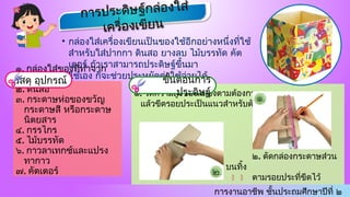 การงานอาชีพ ชั้นประถมศึกษาปีที่ ๒
• กล่องใส่เครื่องเขียนเป็นของใช้อีกอย่างหนึ่งที่ใช้
สำหรับใส่ปากกา ดินสอ ยางลบ ไม้บรรทัด คัต
เตอร์ ถ้าเราสามารถประดิษฐ์ขึ้นมา
ใช้เอง ก็จะช่วยประหยัดค่าใช้จ่ายได้
การประดิษฐ์กล่องใส่
เครื่องเขียน
๑. กล่องใส่ของที่ทำจาก
กระดาษ
๒. ดินสอ
๓. กระดาษห่อของขวัญ
กระดาษสี หรือกระดาษ
นิตยสาร
๔. กรรไกร
๕. ไม้บรรทัด
๖. กาวลาเทกซ์และแปรง
ทากาว
๗. คัตเตอร์
วัสดุ อุปกรณ์
๑. วัดความสูงของกล่องตามต้องการ
แล้วขีดรอยประเป็นแนวสำหรับตัด 
๒. ตัดกล่องกระดาษส่วน
บนทิ้ง
 ตามรอยประที่ขีดไว้
ขั้นตอนการ
ประดิษฐ์
 