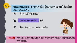ออกแบบภาพร่าง 2 มิติ
ตัดกล่องกระดาษส่วนบนทิ้ง
ออกแบบภาพร่าง 2 มิติ
ตั้งทิ้งไว้ให้กาวแห้ง
ขั้นตอนแรกของการประดิษฐ์กล่องกระดาษใส่เครื่อง
เขียนคือข้อใด
๔.
เฉลย เหตุผล การร่างแบบทำให้ เราสามารถกำหนดขั้นตอนใน
การเตรียม
 