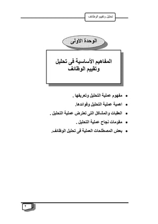 2
‫الوظائف‬ ‫وتقييم‬ ‫تحليل‬

. ‫وتعريفها‬ ‫التحليل‬ ‫عملية‬ ‫مفهوم‬

.‫وفوائدها‬ ‫التحليل‬ ‫عملية‬ ‫اهمية‬

. ‫التحليل‬ ‫عملية‬ ‫تعترض‬ ‫التى‬ ‫والمشاكل‬ ‫العقبات‬

. ‫التحليل‬ ‫عملية‬ ‫نجاح‬ ‫مقومات‬

.‫الوظائف‬ ‫تحليل‬ ‫فى‬ ‫العملية‬ ‫المصطلحات‬ ‫بعض‬
‫تحليل‬ ‫فى‬ ‫األساسية‬ ‫المفاهيم‬
‫الوظائف‬ ‫وتقييم‬
‫األولى‬ ‫الوحدة‬
 