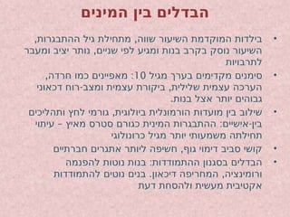 ‫המינים‬ ‫בין‬ ‫הבדלים‬
•
, ,
‫ההתבגרות‬ ‫גיל‬ ‫מתחילת‬ ‫שווה‬ ‫השיעור‬ ‫המוקדמת‬ ‫בילדות‬
,
‫ומעבר‬ ‫יציב‬ ‫נותר‬ ‫שניים‬ ‫לפי‬ ‫ומגיע‬ ‫בנות‬ ‫בקרב‬ ‫נוסק‬ ‫השיעור‬
‫לתרבויות‬
•
‫מגיל‬ ‫בערך‬ ‫מקדימים‬ ‫סימנים‬
10
, :
‫חרדה‬ ‫כמו‬ ‫מאפיינים‬
- ,
‫דכאוני‬ ‫רוח‬ ‫ומצב‬ ‫עצמית‬ ‫ביקורת‬ ‫שלילית‬ ‫עצמית‬ ‫הערכה‬
.‫בנות‬ ‫אצל‬ ‫יותר‬ ‫גבוהים‬
•
,
‫ותהליכים‬ ‫לחץ‬ ‫גורמי‬ ‫ביולוגית‬ ‫הורמונלית‬ ‫מועדות‬ ‫בין‬ ‫שילוב‬
– : -
‫עיתוי‬ ‫מאיץ‬ ‫סטרס‬ ‫כגורם‬ ‫המינית‬ ‫ההתבגרות‬ ‫אישיים‬ ‫בין‬
‫כרונולוגי‬ ‫מגיל‬ ‫יותר‬ ‫משמעותי‬ ‫תחילתה‬
•
,
‫חברתיים‬ ‫אתגרים‬ ‫ליותר‬ ‫חשיפה‬ ‫גוף‬ ‫דימוי‬ ‫סביב‬ ‫קושי‬
•
:
‫להפנמה‬ ‫נוטות‬ ‫בנות‬ ‫ההתמודדות‬ ‫בסגנון‬ ‫הבדלים‬
. ,
‫להתמודדות‬ ‫נוטים‬ ‫בנים‬ ‫דיכאון‬ ‫המחריפה‬ ‫ורומינציה‬
‫דעת‬ ‫ולהסחת‬ ‫מעשית‬ ‫אקטיבית‬
 