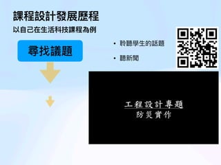 課程設計發展歷程
以
自
己
在
生
活科技課程為例
尋找議題
思考與課綱連結
發展實作
• 聆聽學
生
的話題
• 聽新聞
 