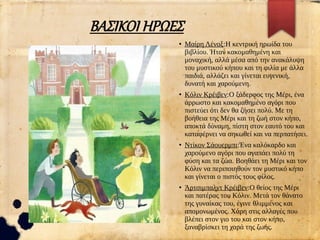 ΒΑΣΙΚΟΙ ΗΡΩΕΣ
●
Μαίρη Λένοξ:Η κεντρική ηρωίδα του
βιβλίου. Ήταν κακομαθημένη και
μοναχική, αλλά μέσα από την ανακάλυψη
του μυστικού κήπου και τη φιλία με άλλα
παιδιά, αλλάζει και γίνεται ευγενική,
δυνατή και χαρούμενη.
●
Κόλιν Κρέιβεν:Ο ξάδερφος της Μέρι, ένα
άρρωστο και κακομαθημένο αγόρι που
πιστεύει ότι δεν θα ζήσει πολύ. Με τη
βοήθεια της Μέρι και τη ζωή στον κήπο,
αποκτά δύναμη, πίστη στον εαυτό του και
καταφέρνει να σηκωθεί και να περπατήσει.
●
Ντίκον Σάουερμπι:Ένα καλόκαρδο και
χαρούμενο αγόρι που αγαπάει πολύ τη
φύση και τα ζώα. Βοηθάει τη Μέρι και τον
Κόλιν να περιποιηθούν τον μυστικό κήπο
και γίνεται ο πιστός τους φίλος.
●
Άρτσιμπαλντ Κρέιβεν:Ο θείος της Μέρι
και πατέρας του Κόλιν. Μετά τον θάνατο
της γυναίκας του, έγινε θλιμμένος και
απομονωμένος. Χάρη στις αλλαγές που
βλέπει στον γιο του και στον κήπο,
ξαναβρίσκει τη χαρά της ζωής.
 