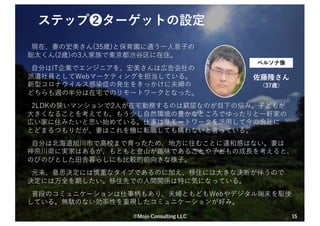 ステップ❷ターゲットの設定
15
©Mojo Consulting LLC
現在、妻の宏美さん(35歳)と保育園に通う⼀⼈息⼦の
聡太くん(2歳)の3⼈家族で東京都渋⾕区に在住。
⾃分はIT企業でエンジニアを、宏美さんは広告会社の
派遣社員としてWebマーケティングを担当している。
新型コロナウイルス感染症の発⽣をきっかけに夫婦の
どちらも週の半分は在宅でのリモートワークとなった。
2LDKの狭いマンションで2⼈が在宅勤務するのは窮屈なのが⽬下の悩み。⼦どもが
⼤きくなることを考えても、もう少し⾃然環境の豊かなところでゆったりと⼀軒家の
広い家に住みたいと思い始めている。仕事はリモートワークを活⽤して今の会社に
とどまるつもりだが、妻はこれを機に転職しても構わないと⾔っている。
⾃分は北海道旭川市で⾼校まで育ったため、地⽅に住むことに違和感はない。妻は
神奈川県に実家はあるが、もともと登⼭が趣味であることや⼦どもの成⻑を考えると、
のびのびとした⽥舎暮らしにも⽐較的前向きな様⼦。
元来、意思決定には慎重なタイプであるのに加え、移住には⼤きな決断が伴うので
決定には万全を期したい。移住先での⼈間関係は特に気になっている。
普段のコミュニケーションは仕事柄もあり、夫婦ともどもWebやデジタル端末を駆使
している。無駄のない効率性を重視したコミュニケーションが好み。
佐藤隆さん
（37歳）
ペルソナ像
 