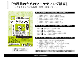 『公務員のためのマーケティング講座』
〜成果を最⼤化する政策・施策・事業づくり〜
3
©Mojo Consulting LLC
第１章 公務員にとってのマーケティングを理解するす るする
1．公務員にもマーケティングが必要な理由
2．企業との違いにみる⾃治体の特徴と社会的役割
3．⾃治体マーケティングの４つの特徴
4．⾃治体が⽬指すのは住⺠のウェルビーイング
5．公務員にとってのマーケティングの定義
6．⾃治体マーケティングの５つの実践ステップ
第２章 ⾃治体マーケティングの５つの実践ステップを学ぶ ぶ
ステップ❶ ⽬指すビジョンと成果の確認
ステップ❷ ターゲットの設定
ステップ❸ ５つの⾏動変容ステージの設計
ステップ❹ マーケティングの５Ｃによる事業の⽴案
ステップ❺ 指標と⽬標値の設定
第３章 マーケティングに不可⽋なコーディネーションを学ぶぶ
1．⾃治体マーケティングに求められる協働と連携
2．公務員は多様な主体をつなぐ「コーディネーター」
3．PDCAサイクルを活性化するコミュニケーションの実践
4．公務員に不可⽋なファシリテーションスキル
5．実務に活かすファシリテーションの基本的な技法
6．ファシリテーターの「やり⽅」と「あり⽅」
【参考】⾃治体マーケティングの５つの実践ステップ作成例 例
出版社： 学芸出版社
定 価： 2,640円（税込）
 