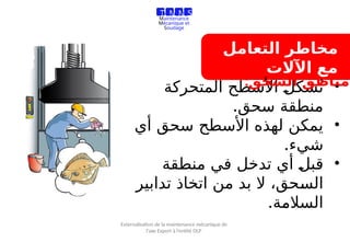 ‫التعامل‬ ‫مخاطر‬
‫اآلالت‬ ‫مع‬
•
‫المتحركة‬ ‫األسطح‬ ‫شكل‬ُ‫ت‬
.‫سحق‬ ‫منطقة‬
•
‫أي‬ ‫سحق‬ ‫األسطح‬ ‫لهذه‬ ‫يمكن‬
.‫شيء‬
•
‫منطقة‬ ‫في‬ ‫تدخل‬ ‫أي‬ ‫قبل‬
‫تدابير‬ ‫اتخاذ‬ ‫من‬ ‫بد‬ ‫ال‬ ،‫السحق‬
.‫السالمة‬
‫السحق‬ ‫مناطق‬
:
T M M S
Travaux de
Maintenance
Mécanique et
Soudage
Externalisation de la maintenance mécanique de
l’axe Export à l’entité OLP
 