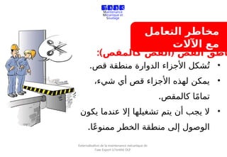 ‫التعامل‬ ‫مخاطر‬
‫اآلالت‬ ‫مع‬
•
.‫قص‬ ‫منطقة‬ ‫الدوارة‬ ‫األجزاء‬ ‫شكل‬ُ‫ت‬
•
،‫شيء‬ ‫أي‬ ‫قص‬ ‫األجزاء‬ ‫لهذه‬ ‫يمكن‬
.‫كالمقص‬ ‫ا‬ً‫م‬‫تما‬
•
‫يكون‬ ‫عندما‬ ‫إال‬ ‫تشغيلها‬ ‫يتم‬ ‫أن‬ ‫يجب‬ ‫ال‬
.‫ا‬ً‫ع‬‫ممنو‬ ‫الخطر‬ ‫منطقة‬ ‫إلى‬ ‫الوصول‬
(
ّ‫ص‬‫الق‬ ‫القص‬ ‫اطق‬
‫ك‬
)‫المقص‬
:
T M M S
Travaux de
Maintenance
Mécanique et
Soudage
Externalisation de la maintenance mécanique de
l’axe Export à l’entité OLP
 
