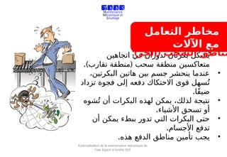 ‫التعامل‬ ‫مخاطر‬
‫اآلالت‬ ‫مع‬
•
‫اتجاهين‬ ‫في‬ ‫تدوران‬ ‫بكرتان‬ ‫شكل‬ُ‫ي‬
.) (
‫تقارب‬ ‫منطقة‬ ‫سحب‬ ‫منطقة‬ ‫متعاكسين‬
•
،‫البكرتين‬ ‫هاتين‬ ‫بين‬ ‫جسم‬ ‫ينحشر‬ ‫عندما‬
‫تزداد‬ ‫فجوة‬ ‫إلى‬ ‫دفعه‬ ‫االحتكاك‬ ‫قوى‬ ‫سهل‬ُ‫ت‬
.‫ًا‬‫ق‬‫ضي‬
•
‫شوه‬ُ‫ت‬ ‫أن‬ ‫البكرات‬ ‫لهذه‬ ‫يمكن‬ ،‫لذلك‬ ‫نتيجة‬
.‫األشياء‬ ‫تسحق‬ ‫أو‬
•
‫أن‬ ‫يمكن‬ ‫ببطء‬ ‫تدور‬ ‫التي‬ ‫البكرات‬ ‫حتى‬
.‫األجسام‬ ‫تدفع‬
•
.‫هذه‬ ‫الدفع‬ ‫مناطق‬ ‫تأمين‬ ‫يجب‬
‫ال‬ ‫مناطق‬
‫سحب‬
) (
ّ‫الجر‬
:
T M M S
Travaux de
Maintenance
Mécanique et
Soudage
Externalisation de la maintenance mécanique de
l’axe Export à l’entité OLP
 