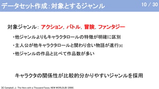 データセット作成：対象とするジャンル
[8] Campbell, J.: The Hero with a Thousand Faces, NEW WORLDLIB (2008).
・他ジャンルよりもキャラクタロールの特徴が明確に区別
・主人公が他キャラクタロールと関わり合い物語が進行[8]
・他ジャンルの作品と比べて作品数が多い
キャラクタの関係性が比較的分かりやすいジャンルを採用
対象ジャンル： アクション，バトル，冒険，ファンタジー
10 / 30
 