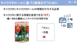 キャラクタロールに基づく検索を行うために
キャラクタにキャラクタロールの情報を付与する必要
キャラクタに関する情報を表現できる「タグ」
・統一された概念としてキャラクタを理解可能
©鳥山明, 集英社, 1985
「セル」
・冷酷
・敵
05 / 30
 