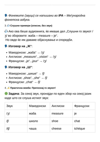 🗣Фонемите (звуци) се напишани во IPA – Меѓународна
фонетска азбука.
3. 🎧Слушни примери (описни, без звук)
🎧Ако ова беше аудиокнига, ќе имаше дел „Слушни го звукот /
ʒ/ во зборовите: жаба – measure – je“.
Но овде ќе им даваме објаснување и споредби.
🗣Изговор на „Ж“:
Македонски: „жаба“ → /ʒ/
Англиски: „measure“, „vision“ → /ʒ/
Француски: „je“, „jour“ → /ʒ/
🗣Изговор на „Ш“:
Македонски: „шише“ → /ʃ/
Англиски: „shoe“, „she“ → /ʃ/
Француски: „chat“ → /ʃ/
4. ✍️Практична вежба: Препознај го звукот!
🟢Задача: За секој звук, пронајди по еден збор на секој јазик
каде што се слуша истиот звук:
Звук Македонски Англиски Француски
/ʒ/ жаба measure je
/ʃ/ школо shoe chat
/tʃ/ чаша cheese tchèque
 