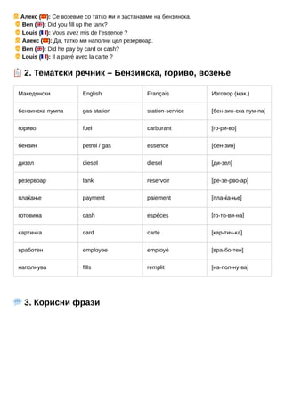 👧Алекс (🇲🇰): Се возевме со татко ми и застанавме на бензинска.
👦Ben (🇬🇧): Did you fill up the tank?
👦Louis (🇫🇷): Vous avez mis de l’essence ?
👧Алекс (🇲🇰): Да, татко ми наполни цел резервоар.
👦Ben (🇬🇧): Did he pay by card or cash?
👦Louis (🇫🇷): Il a payé avec la carte ?
📋2. Тематски речник – Бензинска, гориво, возење
Македонски English Français Изговор (мак.)
бензинска пумпа gas station station-service [бен-зин-ска пум-па]
гориво fuel carburant [го-ри-во]
бензин petrol / gas essence [бен-зин]
дизел diesel diesel [ди-зел]
резервоар tank réservoir [ре-зе-рво-ар]
плаќање payment paiement [пла-ќа-ње]
готовина cash espèces [го-то-ви-на]
картичка card carte [кар-тич-ка]
вработен employee employé [вра-бо-тен]
наполнува fills remplit [на-пол-ну-ва]
💬3. Корисни фрази
 