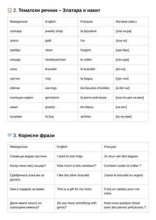 📋2. Тематски речник – Златара и накит
Македонски English Français Изговор (мак.)
златара jewelry shop la bijouterie [зла-та-ра]
злато gold l’or [зла-то]
сребро silver l’argent [сре-бро]
синџир necklace/chain le collier [син-џир]
алка bracelet le bracelet [ал-ка]
прстен ring la bague [прс-тен]
обетки earrings les boucles d’oreilles [о-бет-ки]
скапоцен камен gemstone la pierre précieuse [ска-по-цен ка-мен]
накит jewelry les bijoux [на-кит]
купувам to buy acheter [ку-пу-вам]
💬3. Корисни фрази
Македонски English Français
Сакам да видам прстени. I want to see rings. Je veux voir des bagues.
Колку чини овој синџир? How much is this necklace? Combien coûte ce collier ?
Сребрената алка ми се
допаѓа.
I like the silver bracelet. J’aime le bracelet en argent.
Ова е подарок за мама. This is a gift for my mom. C’est un cadeau pour ma
mère.
Дали имате нешто со
скапоцени камења?
Do you have something with
gems?
Avez-vous quelque chose
avec des pierres précieuses ?
 