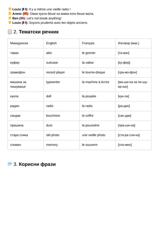 👦Louis (🇫🇷): Il y a même une vieille radio !
👧Алекс (🇲🇰): Оваа кукла беше на мама кога беше мала.
👦Ben (🇬🇧): Let’s not break anything!
👦Louis (🇫🇷): Soyons prudents avec les objets anciens.
📋2. Тематски речник
Македонски English Français Изговор (мак.)
таван attic le grenier [та-ван]
куфер suitcase la valise [ку-фер]
грамофон record player le tourne-disque [гра-мо-фон]
машина за
пишување
typewriter la machine à écrire [ма-ши-на за пи-шу-
ва-ње]
кукла doll la poupée [кук-ла]
радио radio la radio [ра-дио]
сандак box/chest le coffre [сан-дак]
прашина dust la poussière [пра-ши-на]
стара слика old photo une vieille photo [ста-ра сли-ка]
спомен memory le souvenir [спо-мен]
💬3. Корисни фрази
 