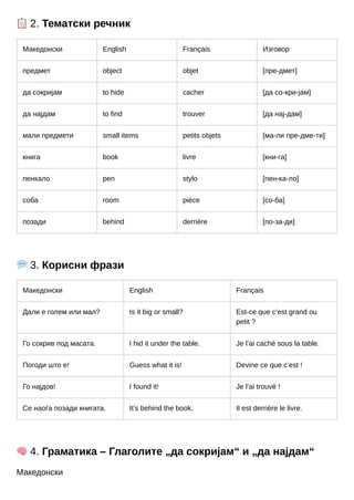 📋2. Тематски речник
Македонски English Français Изговор
предмет object objet [пре-дмет]
да сокријам to hide cacher [да со-кри-јам]
да најдам to find trouver [да нај-дам]
мали предмети small items petits objets [ма-ли пре-дме-ти]
книга book livre [кни-га]
пенкало pen stylo [пен-ка-ло]
соба room pièce [со-ба]
позади behind derrière [по-за-ди]
💬3. Корисни фрази
Македонски English Français
Дали е голем или мал? Is it big or small? Est-ce que c’est grand ou
petit ?
Го сокрив под масата. I hid it under the table. Je l’ai caché sous la table.
Погоди што е! Guess what it is! Devine ce que c’est !
Го најдов! I found it! Je l’ai trouvé !
Се наоѓа позади книгата. It’s behind the book. Il est derrière le livre.
🧠4. Граматика – Глаголите „да сокријам“ и „да најдам“
Македонски
 
