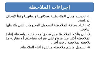 ‫المالحظة‬ ‫إجراءات‬
1
-
‫ألهداف‬ ً‫وفقا‬ ‫ا‬ ‫وزمانه‬ ‫ا‬ ‫ومكانه‬ ‫ة‬ ‫المالحظ‬ ‫مجال‬ ‫د‬ ‫تحدي‬
.‫الدراسة‬
2
-
‫ا‬‫يالحظه‬ ‫ي‬‫الت‬ ‫المعلومات‬ ‫جيل‬ ‫لتس‬ ‫ة‬‫المالحظ‬ ‫ة‬ ‫بطاق‬ ‫إعداد‬
.‫الباحث‬
3
-
‫إعادة‬ ‫طة‬ ‫بواس‬ ‫ه‬ ‫مالحظات‬ ‫دق‬ ‫ص‬ ‫ن‬ ‫م‬ ‫ظ‬ ‫المالح‬ ‫د‬ ‫يتأك‬ ‫ن‬ ‫أ‬
,
‫ا‬‫م‬ ‫ة‬‫مقارن‬ ‫و‬‫أ‬ ‫متباعدة‬ ‫فترات‬ ‫ى‬ ‫وعل‬ ‫مرة‬ ‫ن‬‫م‬ ‫ر‬‫أكث‬ ‫ة‬‫المالحظ‬
. ‫آخر‬ ‫باحث‬ ‫بمالحظة‬ ‫يالحظه‬
4
. -
‫المالحظة‬ ‫أثناء‬ ‫مباشرة‬ ‫مالحظته‬ ‫يتم‬ ‫ما‬ ‫تسجيل‬
 