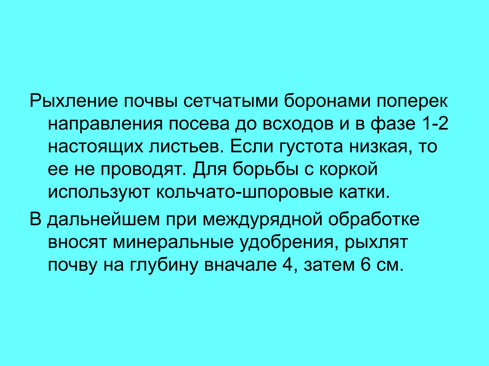 Рыхление почвы сетчатыми боронами поперек
направления посева до всходов и в фазе 1-2
настоящих листьев. Если густота низкая, то
ее не проводят. Для борьбы с коркой
используют кольчато-шпоровые катки.
В дальнейшем при междурядной обработке
вносят минеральные удобрения, рыхлят
почву на глубину вначале 4, затем 6 см.
 
