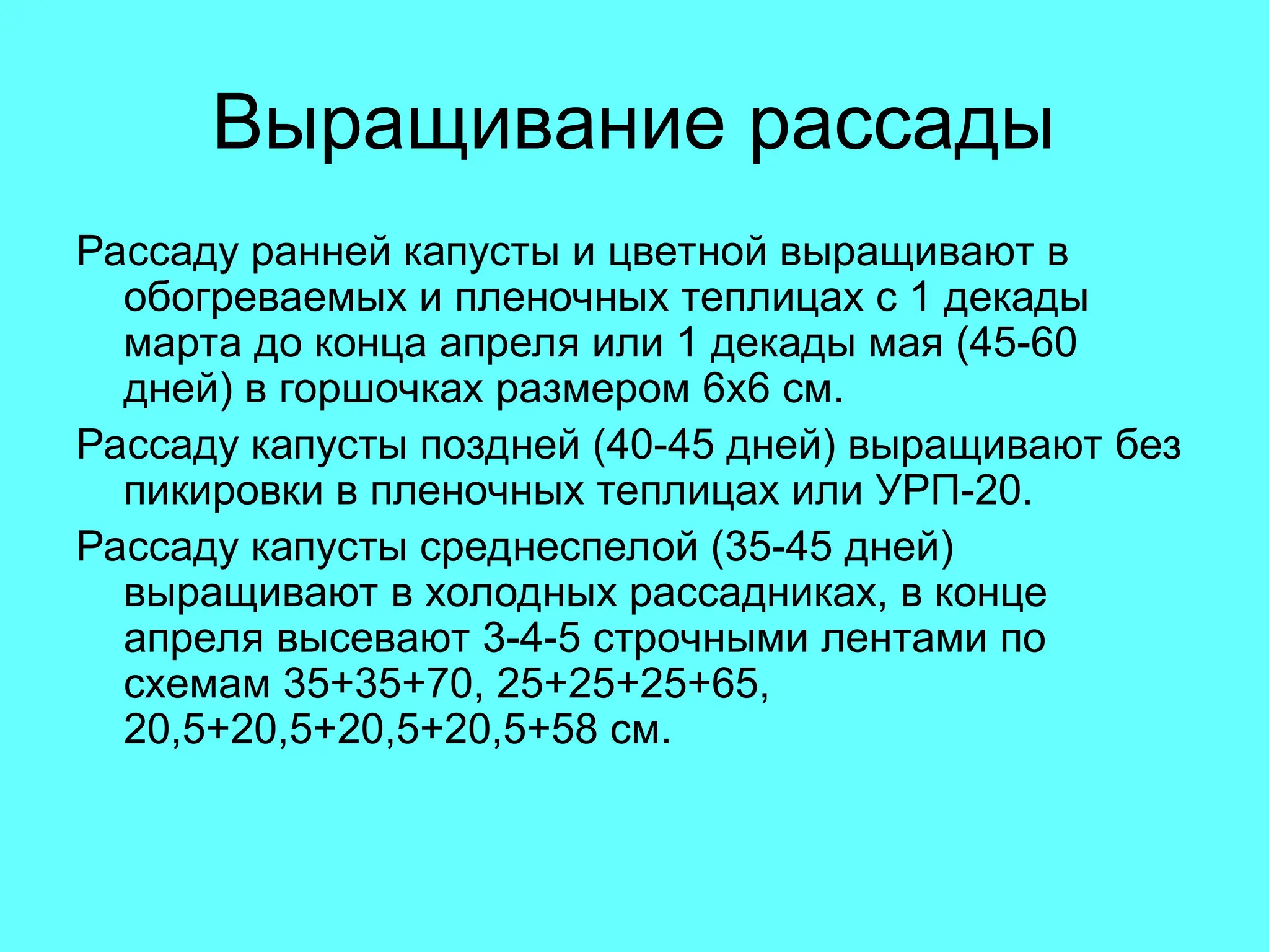 Выращивание рассады
Рассаду ранней капусты и цветной выращивают в
обогреваемых и пленочных теплицах с 1 декады
марта до конца апреля или 1 декады мая (45-60
дней) в горшочках размером 6х6 см.
Рассаду капусты поздней (40-45 дней) выращивают без
пикировки в пленочных теплицах или УРП-20.
Рассаду капусты среднеспелой (35-45 дней)
выращивают в холодных рассадниках, в конце
апреля высевают 3-4-5 строчными лентами по
схемам 35+35+70, 25+25+25+65,
20,5+20,5+20,5+20,5+58 см.
 