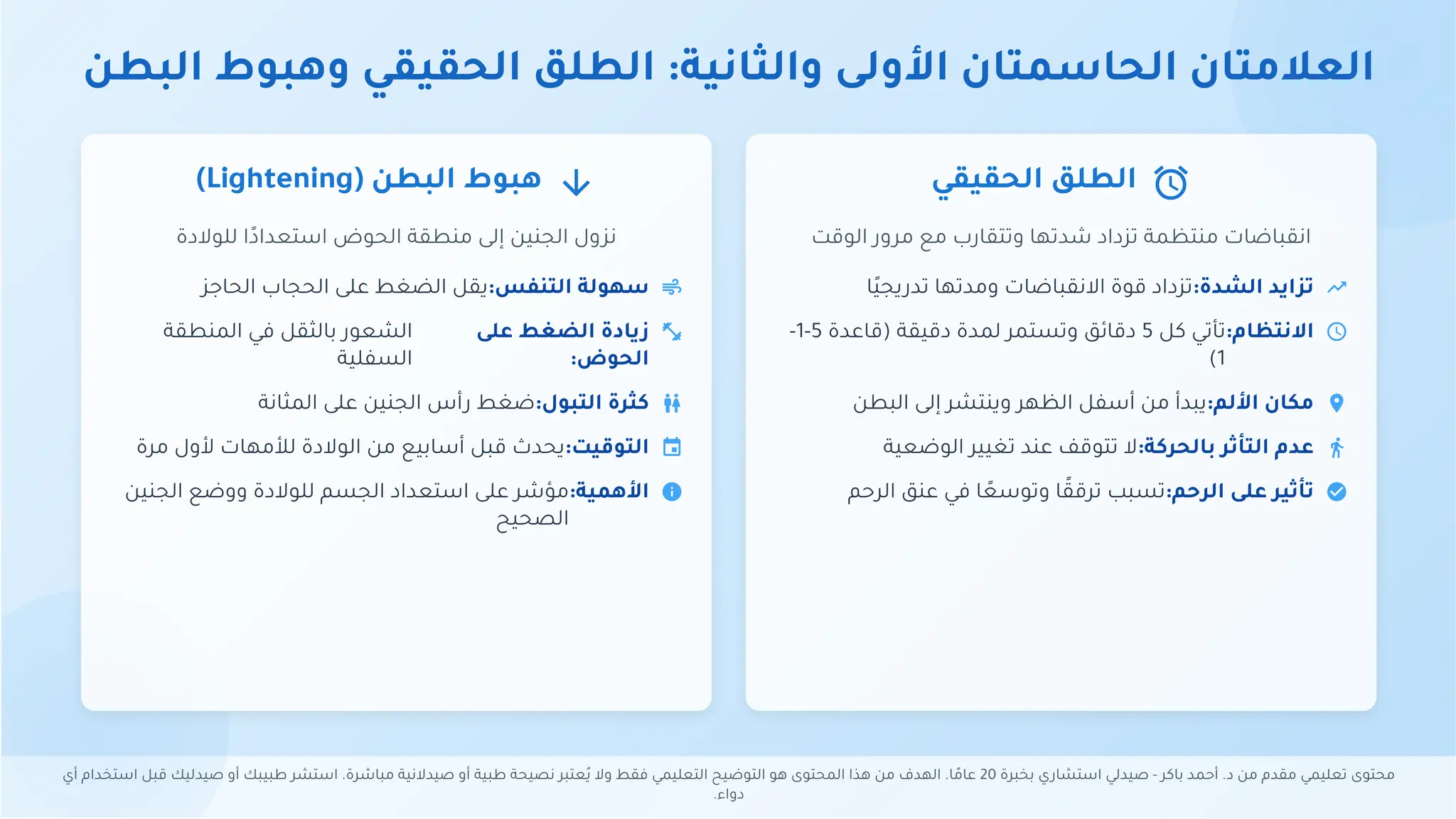 ‫أي‬ ‫استخدام‬ ‫قبل‬ ‫صيدليك‬ ‫أو‬ ‫طبيبك‬ ‫استشر‬ .‫مباشرة‬ ‫صيدالنية‬ ‫أو‬ ‫طبية‬ ‫نصيحة‬ ‫ُيعتبر‬ ‫وال‬ ‫فقط‬ ‫التعليمي‬ ‫التوضيح‬ ‫هو‬ ‫المحتوى‬ ‫هذا‬ ‫من‬ ‫الهدف‬ .‫ا‬ ‫عاًم‬ 20 ‫بخبرة‬ ‫استشاري‬ ‫صيدلي‬ - ‫باكر‬ ‫أحمد‬ .‫د‬ ‫من‬ ‫مقدم‬ ‫تعليمي‬ ‫محتوى‬
.‫دواء‬
‫البطن‬ ‫وهبوط‬ ‫الحقيقي‬ ‫الطلق‬ :‫والثانية‬ ‫األولى‬ ‫الحاسمتان‬ ‫العالمتان‬
access_alarm
‫الحقيقي‬ ‫الطلق‬
‫الوقت‬ ‫مرور‬ ‫مع‬ ‫وتتقارب‬ ‫شدتها‬ ‫تزداد‬ ‫منتظمة‬ ‫انقباضات‬
trending_up
:‫الشدة‬ ‫تزايد‬
‫تدريجًيا‬ ‫ومدتها‬ ‫االنقباضات‬ ‫قوة‬ ‫تزداد‬
schedule
:‫االنتظام‬
-1-5 ‫(قاعدة‬ ‫دقيقة‬ ‫لمدة‬ ‫وتستمر‬ ‫دقائق‬ 5 ‫كل‬ ‫تأتي‬
)1
place
:‫األلم‬ ‫مكان‬
‫البطن‬ ‫إلى‬ ‫وينتشر‬ ‫الظهر‬ ‫أسفل‬ ‫من‬ ‫يبدأ‬
directions_walk
:‫بالحركة‬ ‫التأثر‬ ‫عدم‬
‫الوضعية‬ ‫تغيير‬ ‫عند‬ ‫تتوقف‬ ‫ال‬
check_circle
:‫الرحم‬ ‫على‬ ‫تأثير‬
‫الرحم‬ ‫عنق‬ ‫في‬ ‫ا‬ ‫وتوسًع‬ ‫ا‬ ‫ًق‬‫ترق‬ ‫تسبب‬
arrow_downward
)Lightening( ‫البطن‬ ‫هبوط‬
‫للوالدة‬ ‫ا‬‫استعداًد‬ ‫الحوض‬ ‫منطقة‬ ‫إلى‬ ‫الجنين‬ ‫نزول‬
air
:‫التنفس‬ ‫سهولة‬
‫الحاجز‬ ‫الحجاب‬ ‫على‬ ‫الضغط‬ ‫يقل‬
fitness_center
‫على‬ ‫الضغط‬ ‫زيادة‬
:‫الحوض‬
‫المنطقة‬ ‫في‬ ‫بالثقل‬ ‫الشعور‬
‫السفلية‬
wc
:‫التبول‬ ‫كثرة‬
‫المثانة‬ ‫على‬ ‫الجنين‬ ‫رأس‬ ‫ضغط‬
event
:‫التوقيت‬
‫مرة‬ ‫ألول‬ ‫لألمهات‬ ‫الوالدة‬ ‫من‬ ‫أسابيع‬ ‫قبل‬ ‫يحدث‬
info
:‫األهمية‬
‫الجنين‬ ‫ووضع‬ ‫للوالدة‬ ‫الجسم‬ ‫استعداد‬ ‫على‬ ‫مؤشر‬
‫الصحيح‬
 