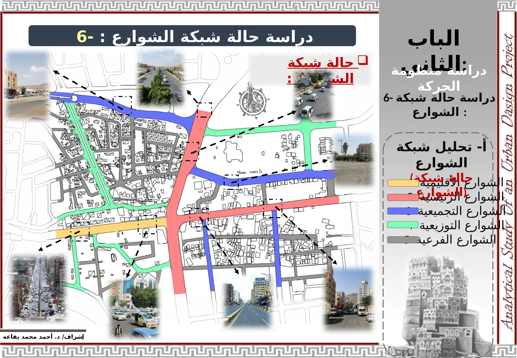 ‫الباب‬
‫الثاني‬:
‫منظومة‬ ‫دراسة‬
‫الحركة‬
‫إ‬
‫يفاعه‬ ‫محمد‬ ‫أحمد‬ .‫د‬ /‫شراف‬
z
‫دراسة‬
‫الشوارع‬ ‫شبكة‬ ‫حالة‬
:
-
6
1- ‫األقليمية‬ ‫الشوارع‬
2- ‫الرئيسية‬ ‫الشوارع‬
3- ‫التجميعية‬ ‫الشوارع‬
4- ‫التوزيعية‬ ‫الشوارع‬
5- ‫الفرعية‬ ‫الشوارع‬

‫شبكة‬ ‫حالة‬
‫الشوارع‬
:
‫شبكة‬ ‫تحليل‬ -‫أ‬
‫الشوارع‬
(‫شبكة‬ ‫حالة‬
‫)الشوارع‬
6- ‫دراسة‬
‫شبكة‬ ‫حالة‬
‫الشوارع‬ :
 