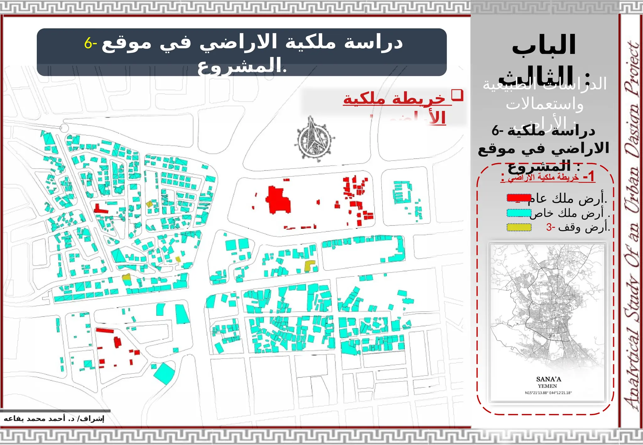 ‫الباب‬
‫الثالث‬ :
‫الطبيعية‬ ‫الدراسات‬
‫واستعماالت‬
‫األراضي‬ :
‫إ‬
‫يفاعه‬ ‫محمد‬ ‫أحمد‬ .‫د‬ /‫شراف‬
1
-
‫األراضي‬ ‫ملكية‬ ‫خريطة‬
:
6- ‫موقع‬ ‫في‬ ‫االراضي‬ ‫ملكية‬ ‫دراسة‬
‫المشروع‬.

‫ملكية‬ ‫خريطة‬
‫األراضي‬
:
6- ‫ملكية‬ ‫دراسة‬
‫موقع‬ ‫في‬ ‫االراضي‬
‫المشروع‬ :
1- ‫عام‬ ‫ملك‬ ‫أرض‬.
2- ‫خاص‬ ‫ملك‬ ‫أرض‬ .
3- ‫وقف‬ ‫أرض‬.
 