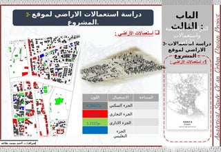 ‫الباب‬
‫الثالث‬ :
‫إ‬
‫يفاعه‬ ‫محمد‬ ‫أحمد‬ .‫د‬ /‫شراف‬
1
-
‫األراضي‬ ‫أستعماالت‬
:
3- ‫لموقع‬ ‫االراضي‬ ‫استعماالت‬ ‫دراسة‬
‫المشروع‬.

‫األراضي‬ ‫أستعماالت‬
:
3- ‫استعماالت‬ ‫دراسة‬
‫لموقع‬ ‫االراضي‬
‫المشروع‬ :
‫اللون‬ ‫االستعمال‬ ‫المساحة‬
‫السكني‬ ‫الجزء‬
‫التجاري‬ ‫الجزء‬
‫االداري‬ ‫الجزء‬
‫الجزء‬
‫التعليمي‬
4.58602‫م‬
2.7117‫م‬
1.2123‫م‬
0.38222‫م‬
‫الطبيعية‬ ‫الدراسات‬
‫واستعماالت‬
‫األراضي‬ :
 