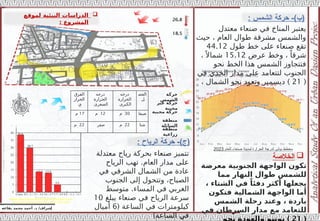 ‫إ‬
‫يفاعه‬ ‫محمد‬ ‫أحمد‬ .‫د‬ /‫شراف‬
: ‫الشمس‬ ‫حركة‬ -)‫(ب‬
‫معتدل‬ ‫صنعاء‬ ‫في‬ ‫المناخ‬ ‫يعتبر‬
‫حيث‬ ، ‫العام‬ ‫طوال‬ ‫مشرقة‬ ‫والشمس‬
‫طول‬ ‫خط‬ ‫على‬ ‫صنعاء‬ ‫تقع‬
44.12
‫عرض‬ ‫وخط‬ ، ً‫شرقا‬
15.12
،ً ‫شماال‬
‫نحو‬ ‫الخط‬ ‫هذا‬ ‫الشمس‬ ‫فتتجاوز‬
‫في‬ ‫الجدي‬ ‫مدار‬ ‫على‬ ‫لتتعامد‬ ‫الجنوب‬
(
21
)
، ‫الشمال‬ ‫نحو‬ ‫وتعود‬ ‫ديسمبر‬
‫الفرق‬
‫الحرار‬
‫ي‬
‫درجه‬
‫الحرارة‬
‫الصغرى‬
‫درجه‬
‫الحرارة‬
‫الكبرى‬
‫الفص‬
‫ل‬
17
‫م‬ 12
‫م‬ 30
‫م‬ ‫صيفا‬
22
‫م‬ ‫صفر‬ 22
‫م‬ ‫شتا‬
‫للعام‬ ‫صنعاء‬ ‫لمدينة‬ ‫الحرارة‬ ‫لدرجة‬ ‫بياني‬ ‫مخطط‬
2023
‫معتدلة‬ ‫رياح‬ ‫بحركة‬ ‫صنعاء‬ ‫تتميز‬
.
‫الرياح‬ ‫تهب‬ ‫العام‬ ‫مدار‬ ‫على‬
‫في‬ ‫الشرقي‬ ‫الشمال‬ ‫من‬ ‫عادة‬
‫الجنوب‬ ‫إلى‬ ‫وتتحول‬ ،‫الصباح‬
.
‫متوسط‬ ‫المساء‬ ‫في‬ ‫الغربي‬
‫يبلغ‬ ‫صنعاء‬ ‫في‬ ‫الرياح‬ ‫سرعة‬
10
( ‫الساعة‬ ‫في‬ ‫كيلومترات‬
6
‫أميال‬
)‫الساعة‬ ‫في‬
: ‫الرياح‬ ‫حركة‬ -)‫(ج‬
Residents’ Satisfaction Assessment of Outdoor Residential Spaces; A Local
Study in an Urban Compact Form in Sana’a, Yemen—Winter Period
‫حركة‬
‫الشمس‬
‫غير‬ ‫حركة‬
‫محببة‬
‫محببة‬ ‫حركة‬
‫منطقة‬
‫السائلة‬
‫منطقة‬
‫زراعية‬
26.8
18.5

‫الخالصة‬
‫معرضة‬ ‫الجنوبية‬ ‫الواجهة‬ ‫تكون‬
‫مما‬ ‫النهار‬ ‫طوال‬ ‫للشمس‬
، ‫الشتاء‬ ‫في‬ ً‫دفئا‬ ‫أكثر‬ ‫يجعلها‬
‫فتكون‬ ‫الشمالية‬ ‫الواجهة‬ ‫أما‬
‫الشمس‬ ‫رحلة‬ ‫وعند‬ ، ‫باردة‬
‫في‬ ‫السرطان‬ ‫مدار‬ ‫مع‬ ‫للتعامد‬
(
21
)
‫نحو‬ ‫والعودة‬ ‫يونيو‬

‫لموقع‬ ‫البيئية‬ ‫الدراسات‬
: ‫المشروع‬
 
