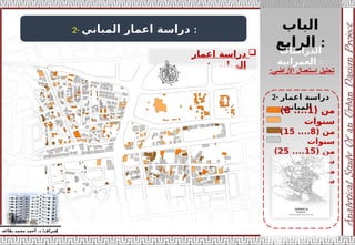 ‫الباب‬
‫الرابع‬ :
‫إ‬
‫يفاعه‬ ‫محمد‬ ‫أحمد‬ .‫د‬ /‫شراف‬
‫األراضي‬ ‫استعمال‬ ‫تحليل‬
:
2- ‫المباني‬ ‫اعمار‬ ‫دراسة‬ :

‫اعمار‬ ‫دراسة‬
‫المباني‬
:
2- ‫اعمار‬ ‫دراسة‬
‫المباني‬ :
‫الدراسات‬
‫العمرانية‬ :
( ‫من‬
1
....
8
)
‫سنوات‬
( ‫من‬
8
....
15
)
‫سنوات‬
( ‫من‬
15
....
25
)
‫سنوات‬
( ‫من‬
25
....
50
)
‫سنوات‬
 