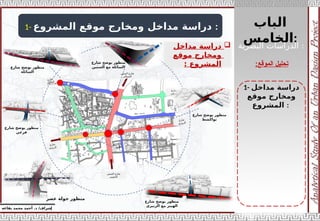 ‫الباب‬
‫الخامس‬:
‫إ‬
‫يفاعه‬ ‫محمد‬ ‫أحمد‬ .‫د‬ /‫شراف‬
‫الموقع‬ ‫تحليل‬
:
1- ‫المشروع‬ ‫موقع‬ ‫ومخارج‬ ‫مداخل‬ ‫دراسة‬ :

‫مداخل‬ ‫دراسة‬
‫موقع‬ ‫ومخارج‬
‫المشروع‬
:
1- ‫مداخل‬ ‫دراسة‬
‫موقع‬ ‫ومخارج‬
‫المشروع‬ :
‫البصرية‬ ‫الدراسات‬ :
‫الستين‬ ‫شارع‬
‫الشمالي‬
‫الستين‬ ‫شارع‬
‫الجنوبي‬
‫رع‬‫شا‬
‫ري‬‫زبي‬‫ال‬
‫رع‬‫شا‬
‫ري‬‫زبي‬‫ال‬
‫ع‬‫ر‬‫شا‬
‫ة‬‫ئل‬‫سا‬‫ال‬
‫رع‬‫شا‬
‫عي‬‫وزي‬‫ت‬
‫عصر‬ ‫جولة‬ ‫منظور‬
‫شارع‬ ‫يوضح‬ ‫منظور‬
‫الستين‬ ‫مع‬ ‫السائلة‬
‫شارع‬ ‫يوضح‬ ‫منظور‬
‫السائلة‬
‫شارع‬ ‫يوضح‬ ‫منظور‬
‫الزبيري‬ ‫مع‬ ‫الهيبر‬
‫شارع‬ ‫يوضح‬ ‫منظور‬
‫فرعي‬
‫شارع‬ ‫يوضح‬ ‫منظور‬
‫نواكشط‬
 