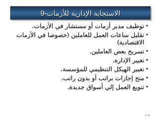 9-
9-‫لألزمات‬ ‫اإلدارية‬ ‫االستجابة‬
‫لألزمات‬ ‫اإلدارية‬ ‫االستجابة‬
•
.‫األزمات‬ ‫في‬ ‫مستشار‬ ‫أو‬ ‫أزمات‬ ‫مدير‬ ‫توظيف‬
•
(
‫األزمات‬ ‫في‬ ‫خصوصا‬ ‫للعاملين‬ ‫العمل‬ ‫ساعات‬ ‫تقليل‬
)‫االقتصادية‬
•
.‫العاملين‬ ‫بعض‬ ‫تسريح‬
•
.‫اإلدارة‬ ‫تغيير‬
•
.‫للمؤسسة‬ ‫التنظيمي‬ ‫الهيكل‬ ‫تغيير‬
•
.‫راتب‬ ‫بدون‬ ‫أو‬ ‫براتب‬ ‫إجازات‬ ‫منح‬
•
.‫جديدة‬ ‫أسواق‬ ‫إلي‬ ‫العمل‬ ‫تنويع‬
1–16
 