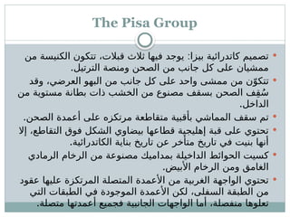 The Pisa Group

:
‫من‬ ‫الكنيسة‬ ‫تتكون‬ ،‫قبالت‬ ‫ثالث‬ ‫فيها‬ ‫يوجد‬ ‫بيزا‬ ‫كاتدرائية‬ ‫تصميم‬
.‫الترتيل‬ ‫ومنصة‬ ‫الصحن‬ ‫من‬ ‫جانب‬ ‫كل‬ ‫على‬ ‫ممشيان‬

‫وقد‬ ،‫العرضي‬ ‫البهو‬ ‫من‬ ‫جانب‬ ‫كل‬ ‫على‬ ‫واحد‬ ‫ممشى‬ ‫من‬ ‫ن‬ّ‫تتكو‬
‫من‬ ‫مستوية‬ ‫بطانة‬ ‫ذات‬ ‫الخشب‬ ‫من‬ ‫مصنوع‬ ‫بسقف‬ ‫الصحن‬ ‫ف‬ِ‫ق‬ُ‫س‬
.‫الداخل‬

.‫الصحن‬ ‫أعمدة‬ ‫على‬ ‫مرتكزه‬ ‫متقاطعة‬ ‫بأقبية‬ ‫المماشي‬ ‫سقف‬ ‫تم‬

‫إال‬ ،‫التقاطع‬ ‫فوق‬ ‫الشكل‬ ‫بيضاوي‬ ‫قطاعها‬ ‫إهليجية‬ ‫قبة‬ ‫على‬ ‫تحتوي‬
.‫الكاتدرائية‬ ‫بناية‬ ‫تاريخ‬ ‫عن‬ ‫متأخر‬ ‫تاريخ‬ ‫في‬ ‫بنيت‬ ‫أنها‬

‫الرمادي‬ ‫الرخام‬ ‫من‬ ‫مصنوعة‬ ‫بمداميك‬ ‫الداخيلة‬ ‫الحوائط‬ ‫كسيت‬
.‫األبيض‬ ‫الرخام‬ ‫ومن‬ ‫الغامق‬

‫عقود‬ ‫عليها‬ ‫المرتكزة‬ ‫المتصلة‬ ‫األعمدة‬ ‫من‬ ‫الغربية‬ ‫الواجهة‬ ‫تحتوي‬
‫التي‬ ‫الطبقات‬ ‫في‬ ‫الموجودة‬ ‫األعمدة‬ ‫لكن‬ ،‫السفلى‬ ‫الطبقة‬ ‫من‬
.‫متصلة‬ ‫أعمدتها‬ ‫فجميع‬ ‫الجانبية‬ ‫الواجهات‬ ‫أما‬ ،‫منفصلة‬ ‫تعلوها‬
 