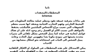 ‫ثانيا‬
‫المعتقدات‬/‫المخططات‬
Schemas
‫في‬ ‫المعلومات‬ ‫معالجة‬ ‫عملية‬ ‫وتنظم‬ ‫تقود‬ ‫عميقة‬ ‫معرفية‬ ‫بناءات‬ ‫هي‬
‫معظم‬ ‫تسبب‬ ‫انها‬ ‫ويعتقد‬ ‫الحياتية‬ ‫التجارب‬ ‫وفهم‬ ‫الخارجي‬ ‫المحيط‬
‫يحتفظ‬ ‫فالمكتئب‬ ‫المكتئبين‬ ‫االشخاص‬ ‫مزاج‬ ‫تصيب‬ ‫التي‬ ‫التشوهات‬
‫هناك‬ ‫ان‬ ‫على‬ ‫ادلة‬ ‫وجود‬ ‫رغم‬ ‫الفشل‬ ‫او‬ ‫االلم‬ ‫تسبب‬ ‫التي‬ ‫بالمواقف‬
‫مثيرات‬ ‫الى‬ ‫تلقائي‬ ‫بشكل‬ ‫الشخص‬ ‫يميل‬ ‫كما‬ ‫حياته‬ ‫في‬ ‫ايجابية‬ ‫عوامل‬
‫وعادة‬ ‫الحادث‬ ‫حول‬ ‫مفهومي‬ ‫بعدا‬ ‫مكونا‬ ‫نموذج‬ ‫في‬ ‫يجمعها‬ ‫محددة‬
‫من‬ ‫متشابهة‬ ‫اشكال‬ ‫نحو‬ ‫استجاباته‬ ‫في‬ ‫الثبات‬ ‫الى‬ ‫الشخص‬ ‫يميل‬
‫االحداث‬
‫التلقائية‬ ‫االفكار‬ ‫او‬ ‫السلوك‬ ‫في‬ ‫المخططات‬ ‫هذه‬ ‫على‬ ‫االستدالل‬ ‫يمكن‬
‫التقويم‬ ‫وتأثير‬ ‫الطفولة‬ ‫تجارب‬ ‫عن‬ ‫المنظمة‬ ‫البناءات‬ ‫تطوير‬ ‫يتم‬ ‫حيث‬
 
