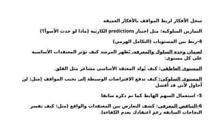 3
‫مساعدة‬ ‫أدوات‬ -
‫العميقة‬ ‫باألفكار‬ ‫المواقف‬ ‫لربط‬ ‫األفكار‬ ‫سجل‬
‫اختبار‬ ‫مثل‬ :‫السلوكية‬ ‫التمارين‬
predictions
)‫األسوأ؟‬ ‫حدث‬ ‫لو‬ ‫(ماذا‬ ‫الكارثية‬
4
)‫الهرمي‬ ‫(التكامل‬ ‫يات‬u
‫و‬‫المست‬ ‫بين‬ ‫ربط‬-
،‫والمعرفة‬ ‫السلوك‬ ‫وحدة‬ ‫لضمان‬
‫األساسية‬ ‫المعتقدات‬ ‫تؤثر‬ ‫كيف‬ ‫المرشد‬ ‫ظهر‬ُ‫ي‬
‫مستوى‬ ‫كل‬ ‫على‬
:
‫العاطفي‬ ‫المستوى‬
‫القلق‬ ‫مثل‬ ‫مشاعر‬ ‫األساسي‬ ‫المعتقد‬ ‫ولد‬ُ‫ي‬ ‫كيف‬ :
.
:‫السلوكي‬ ‫المستوى‬
‫لن‬ :‫(مثل‬ ‫المواقف‬ ‫تجنب‬ ‫إلى‬ ‫الوسيطة‬ ‫االفتراضات‬ ‫تدفع‬ ‫كيف‬
‫أفشل‬ ‫قد‬ ‫ألني‬ ‫أحاول‬
5
‫سابقا‬ ‫ذكره‬ ‫تم‬ ‫كما‬ ‫الهابط‬ ‫السهم‬ ‫استعمال‬ -
6
‫المعرفي‬ ‫التناقض‬-
:
‫تفسر‬ ‫كيف‬ :‫(مثل‬ ‫والواقع‬ ‫المعتقدات‬ ‫بين‬ ‫التعارض‬ ‫كشف‬
)‫الكفاءة‬ ‫بعدم‬ ‫اعتقادك‬ ‫رغم‬ ‫السابقة‬ ‫النجاحات‬
.
 