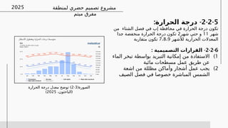 ‫لمنطقة‬ ‫حضري‬ ‫تصميم‬ ‫مشروع‬
‫ميتم‬ ‫مفرق‬
2025
2-2-5
-
:‫الحرارة‬ ‫درجة‬
‫من‬ ‫الشتاء‬ ‫فصل‬ ‫في‬ ‫إب‬ ‫افظة‬%
‫ح‬‫م‬ ‫في‬ ‫الحرارة‬ ‫درجة‬ ‫تكون‬
‫شهر‬
11
‫شهر‬ ‫حتي‬ ‫و‬
2
‫جدا‬ ‫منخفضة‬ ‫رارة‬%
‫ح‬‫ال‬ ‫درجة‬ ‫تكون‬
‫لألشهر‬ ‫الحرارية‬ ‫المعدالت‬
7 8 9
، ،
‫متقاربة‬ ‫تكون‬
2-2-6
-
: ‫التصميمية‬ ‫القرارات‬
)1
‫الماء‬ ‫تبخر‬ ‫بواسطة‬ ‫التبريد‬ ‫إمكانية‬ ‫من‬ ‫االستفادة‬
‫مائية‬ ‫مسطحات‬ ‫عمل‬ ‫طريق‬ ‫عن‬
)2
‫اشعة‬ ‫من‬ ‫مظللة‬ ‫وأماكن‬ ‫أشجار‬ ‫عمل‬ ‫يجب‬
‫الصيف‬ ‫فصل‬ ‫في‬ ‫خصوصا‬ ‫المباشرة‬ ‫الشمس‬
(‫الصورة‬
3
-
2
)
‫الحرارة‬ ‫درجة‬ ‫معدل‬ ‫توضح‬
(
،‫الباحثون‬
2025
)
 