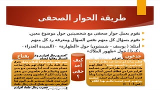 ‫الصحفى‬ ‫الحوار‬ ‫طريقة‬

.‫معين‬ ‫موضوع‬ ‫حول‬ ‫شخصيتين‬ ‫مع‬ ‫صحفى‬ ‫حوار‬ ‫بعمل‬ ‫نقوم‬

‫منهم‬ ‫كل‬ ‫رد‬ ‫ومعرفة‬ ‫السؤال‬ ‫نفس‬ ‫منهم‬ ‫كل‬ ‫بسؤال‬ ‫نقوم‬

- ( - » « ) – ( :
‫العذراء‬ ‫السيدة‬ ‫الطهارة‬ ‫حول‬ ‫شمشون‬ ‫يوسف‬ ‫أمثلة‬
» « )
‫المالك‬ ‫ظهور‬ ‫حول‬ ‫زكريا‬
"
‫ـم‬
‫افراي‬ ‫رجال‬ ‫ـه‬
‫ل‬ ‫وقال‬
‫الذي‬ ‫ـر‬
‫األم‬ ‫هذا‬ ‫ـا‬
‫م‬
‫لمحاربـة‬ ‫ذهابـك‬ ‫عنـد‬ ‫تدعنـا‬ ‫لـم‬ ‫إـذ‬ ‫بنـا‬ ‫فعلـت‬
‫بشدة‬ ‫ـموه‬
‫ـ‬‫وخاص‬ ‫ـن‬
‫ـ‬‫المديانيي‬
" «.
‫ـم‬
‫ـ‬‫له‬ ‫فقال‬
‫ـاصة‬
‫ـ‬‫خص‬ ‫ـس‬
‫ـ‬‫ألي‬ ‫ـم‬
‫ـ‬‫نظيرك‬ ‫ـن‬
‫ـ‬‫اآل‬ ‫ـت‬
‫ـ‬‫فعل‬ ‫ماذا‬
.
‫دفـع‬ ‫ليدكـم‬ ‫ابيعزر‬ ‫قطاف‬ ‫مـن‬ ‫خيرا‬ ‫افرايـم‬
‫وماذا‬ ‫ـا‬
‫وذئبـ‬ ‫غرابــا‬ ‫ـن‬
‫المديانييـ‬ ‫اميري‬ ‫ـه‬
‫اللـ‬
‫حينئــذ‬ ‫نظيركــم‬ ‫اعمــل‬ ‫أــن‬ ‫قدرت‬
‫ارتخــت‬
‫الكالم‬ ‫بهذا‬ ‫تكلـــم‬ ‫عندمـــا‬ ‫عنـــه‬ ‫روحهـــم‬
«.
(
‫قض‬
8
:
1
–
3
)
"
‫جهــة‬ ‫إلــى‬ ‫وعــبروا‬ ‫افرايــم‬ ‫رجال‬ ‫اجتمــع‬
‫ليفتاح‬ ‫وقالوا‬ ‫الشمال‬
‫ـة‬
‫ب‬‫لمحار‬ ‫ـبرت‬
‫ع‬ ‫لماذا‬
‫معـك‬ ‫للذهاب‬ ‫تدعنـا‬ ‫ولـم‬ ‫عمون‬ ‫بنـي‬
‫نحرق‬
" «.
‫ـاحب‬
‫ص‬ ‫يفتاح‬ ‫ـم‬
‫له‬ ‫فقال‬ ‫بنار‬ ‫ـك‬
‫علي‬ ‫ـك‬
‫بيت‬
‫ـي‬
‫ـ‬‫بن‬ ‫ـع‬
‫ـ‬‫م‬ ‫ـبي‬
‫وشعـ‬ ‫ـا‬
‫أنـ‬ ‫ـت‬
‫كنـ‬ ‫ـد‬
‫ـ‬‫شدي‬ ‫ـام‬
‫ـ‬‫خص‬
.‫يدهم‬ ‫مـن‬ ‫تخلصـوني‬ ‫فلـم‬ ‫وناديتكـم‬ ‫عمون‬
‫ـي‬
‫نفس‬ ‫ـت‬
‫وضع‬ ‫ـون‬
‫تخلص‬ ‫ال‬ ‫ـم‬
‫أنك‬ ‫ـت‬
‫رأي‬ ‫ـا‬
‫ولم‬
‫فدفعهـم‬ ‫عمون‬ ‫بنـي‬ ‫إلـى‬ ‫وعـبرت‬ ‫يدي‬ ‫فـي‬
‫هذا‬ ‫اليوم‬ ‫علــي‬ ‫صــعدتم‬ ‫فلماذا‬ ‫ليدي‬ ‫الرب‬
.
‫جلعاد‬ ‫رجال‬ ‫كــــل‬ ‫يفتاح‬ ‫جمــــع‬ ‫لمحاربتي‬
‫و‬
‫افرايـم‬ ‫حارب‬
‫افرايـم‬ ‫جلعاد‬ ‫رجال‬ ‫فضرب‬
‫يفتاح‬ ‫جدعون‬
‫كيف‬
‫أخذ‬
‫حقى‬
‫؟‬
 