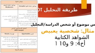 ‫التحليل‬ ‫طريقة‬
SWOT
/
‫التحليل‬ ‫الدراسة‬ ‫شخص‬ ‫أو‬ ‫موضوع‬ ‫س‬
:
‫يعبيص‬ ‫شخصية‬ ‫مثال‬
‫الكتابية‬ ‫الشواهد‬
1 ‫أخ‬
4
:
9
‫و‬
10
 