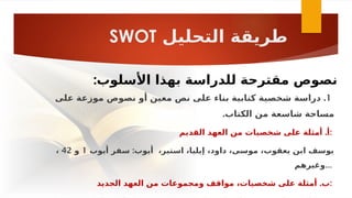 ‫التحليل‬ ‫طريقة‬
SWOT
1
.
‫على‬ ‫موزعة‬ ‫نصوص‬ ‫أو‬ ‫معين‬ ‫نص‬ ‫على‬ ‫بناء‬ ‫كتابية‬ ‫شخصية‬ ‫دراسة‬
.‫الكتاب‬ ‫من‬ ‫شاسعة‬ ‫مساحة‬
.
‫القديم‬ ‫العهد‬ ‫من‬ ‫شخصيات‬ ‫على‬ ‫أمثلة‬ ‫أ‬:
:
‫أيوب‬ ‫سفر‬ ‫أيوب‬ ،‫استير‬ ،‫إيليا‬ ،‫داود‬ ،‫موسى‬ ،‫يعقوب‬ ‫ابن‬ ‫يوسف‬
1
‫و‬
42
،
‫وغيرهم‬...
.‫ب‬
‫الجديد‬ ‫العهد‬ ‫من‬ ‫ومجموعات‬ ‫مواقف‬ ،‫شخصيات‬ ‫على‬ ‫أمثلة‬ :
:‫األسلوب‬ ‫بهذا‬ ‫للدراسة‬ ‫مقترحة‬ ‫نصوص‬
 