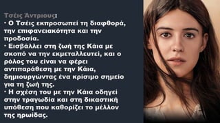 Τσέις Άντριους:
• Ο Τσέις εκπροσωπεί τη διαφθορά,
την επιφανειακότητα και την
προδοσία.
• Εισβάλλει στη ζωή της Κάια με
σκοπό να την εκμεταλλευτεί, και ο
ρόλος του είναι να φέρει
αντιπαράθεση με την Κάια,
δημιουργώντας ένα κρίσιμο σημείο
για τη ζωή της.
• Η σχέση του με την Κάια οδηγεί
στην τραγωδία και στη δικαστική
υπόθεση που καθορίζει το μέλλον
της ηρωίδας.
 