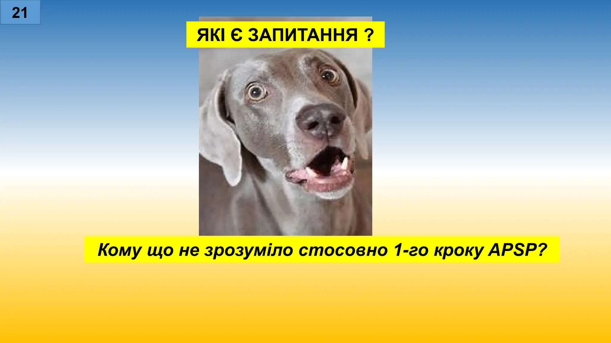 Кому що не зрозуміло стосовно 1-го кроку APSP?
ЯКІ Є ЗАПИТАННЯ ?
21
 