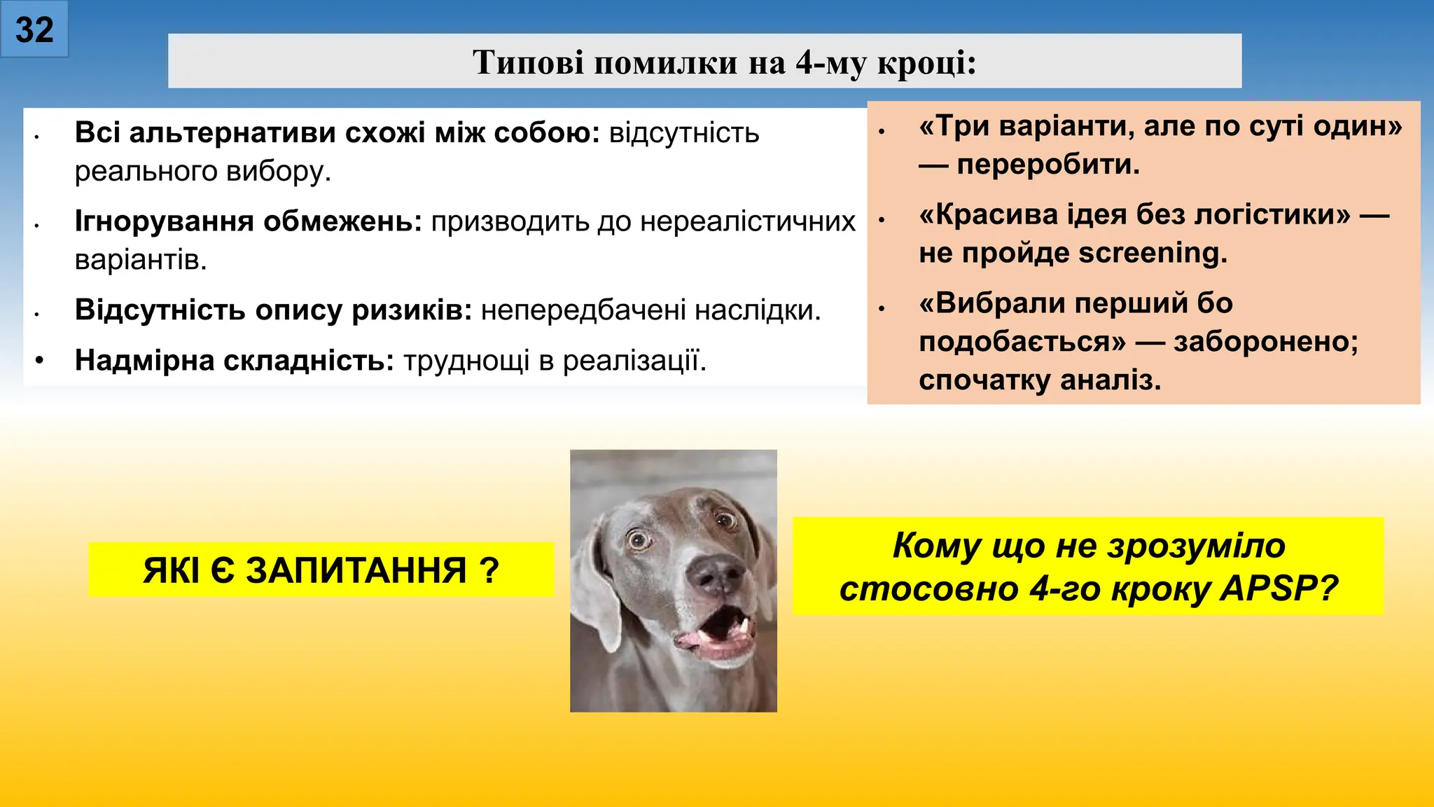 32
Типові помилки на 4-му кроці:
• Всі альтернативи схожі між собою: відсутність
реального вибору.
• Ігнорування обмежень: призводить до нереалістичних
варіантів.
• Відсутність опису ризиків: непередбачені наслідки.
• Надмірна складність: труднощі в реалізації.
Кому що не зрозуміло
стосовно 4-го кроку APSP?
ЯКІ Є ЗАПИТАННЯ ?
• «Три варіанти, але по суті один»
— переробити.
• «Красива ідея без логістики» —
не пройде screening.
• «Вибрали перший бо
подобається» — заборонено;
спочатку аналіз.
 