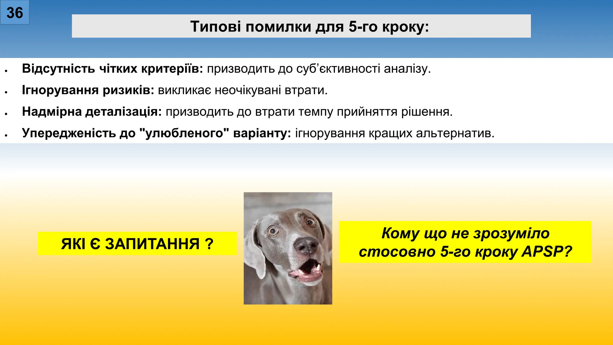 36
Типові помилки для 5-го кроку:
• Відсутність чітких критеріїв: призводить до суб’єктивності аналізу.
• Ігнорування ризиків: викликає неочікувані втрати.
• Надмірна деталізація: призводить до втрати темпу прийняття рішення.
• Упередженість до "улюбленого" варіанту: ігнорування кращих альтернатив.
Кому що не зрозуміло
стосовно 5-го кроку APSP?
ЯКІ Є ЗАПИТАННЯ ?
 